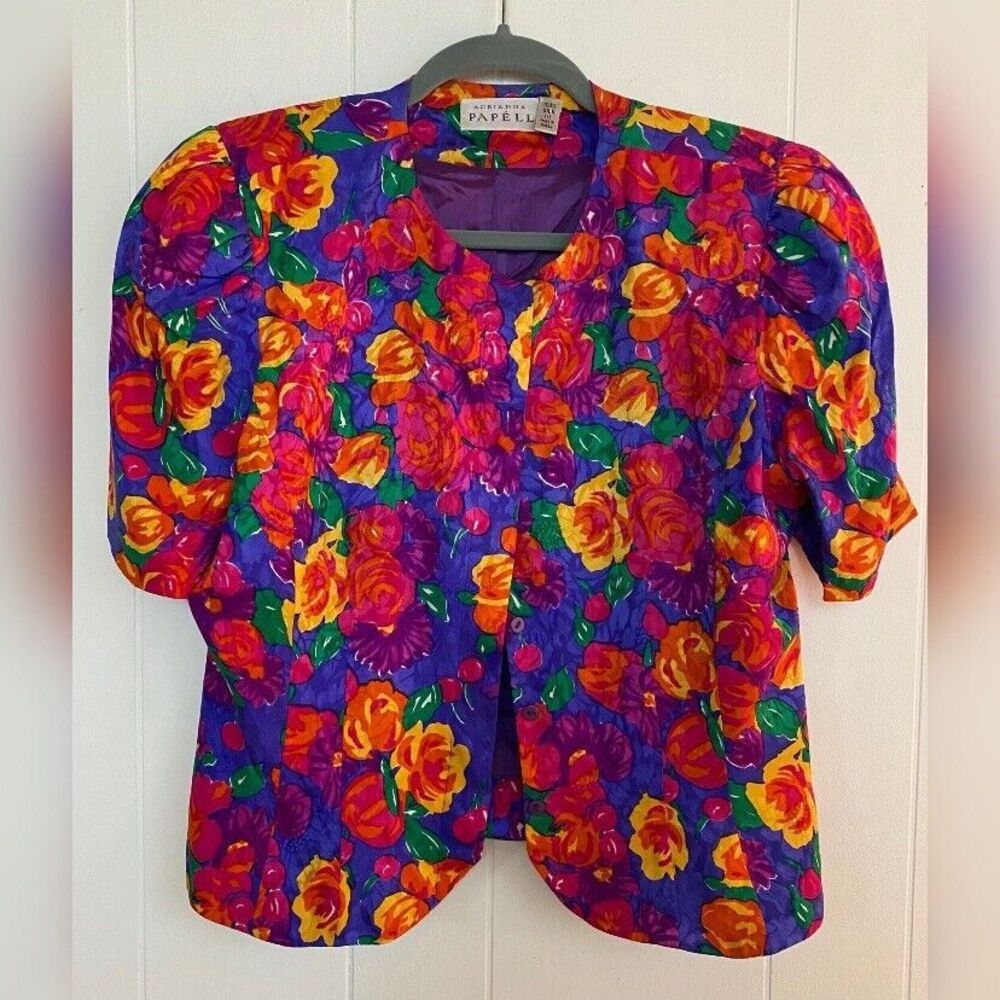 Vintage Adrianna Papell Blouse Women’s 10 Red Silk Multicolored Floral Party